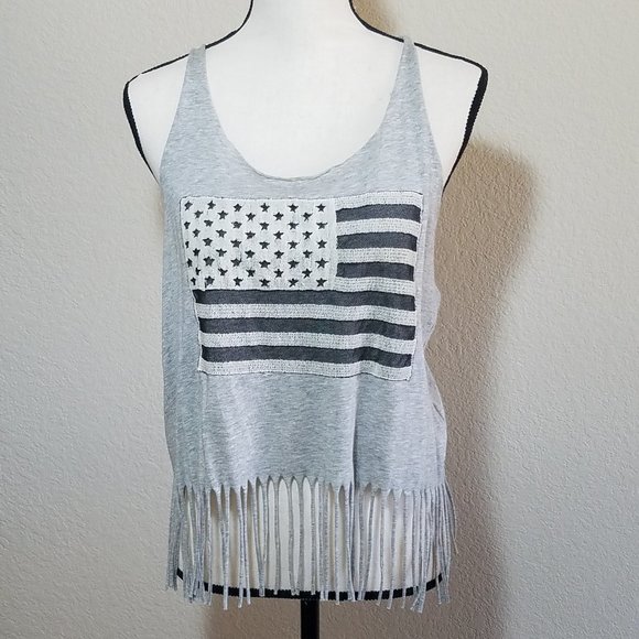 Tops - Tank Top Juniors Medium Gray Racer Back Sleeveless Womens Flag Patriotic Fringe